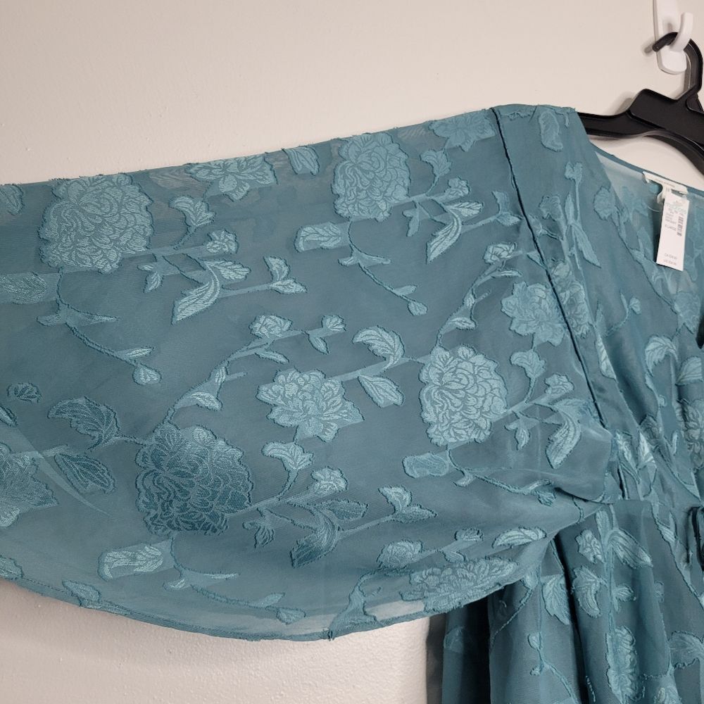 Maurices Jacquard Flounce Sleeve Peplum Teal Boho Ethereal Tie Waist Top XL NWT - Picture 4 of 7